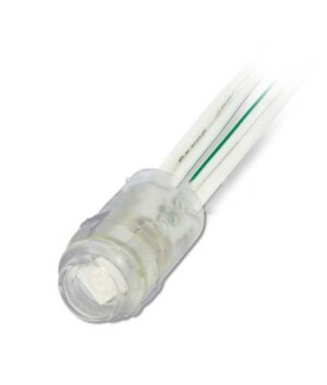 Διαφανής ακροδέκτης καλωδίων για ηλεκτρολογικές συνδέσεις, με ενσωματωμένο μονωτικό και τρία λευκά καλώδια.