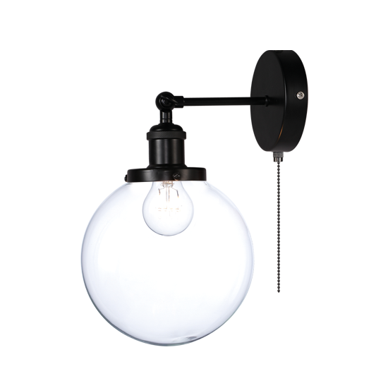 ACA DECOR   – Επίτοιχο Φωτιστικό 1ΧΕ27 Μαύρο Μέταλλο + Γυαλί με Αλυσίδα Διακόπτη Φ20ΧΗ38cm