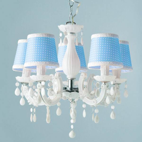 Κρεμαστό Φωτιστικό 5ΧΕ14 Λευκό Ακρυλικό Με Γαλάζια Πουά Υφασμάτινα Καπέλα Φ460 ACA DECOR  – SF35045B