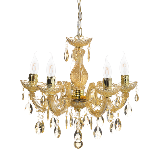 ACA DECOR   – Κρεμαστό Φωτιστικό 5ΧΕ14 Ακρυλικό Κεχριμπάρι + Χρυσό Μέταλλο SF3505PAM