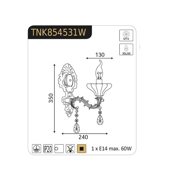Επιτοίχιο Φωτιστικό 1ΧΕ14 Μέταλλο-Κρύσταλλο Μπρονζέ Αντικέ ACA DECOR   – TNK854531W