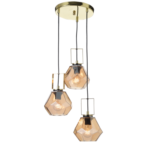 ACA DECOR  – Κρεμαστό Φωτιστικό 3ΧΕ27 Γυαλί Κεχριμπάρι + Ορείχαλκο Μέταλλο Φ30ΧΗ101cm