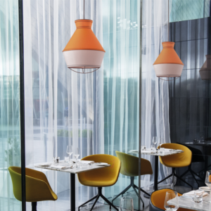 ACA DECOR   – Κρεμαστό Φωτιστικό 1ΧΕ27 Ύφασμα Κίτρινο + Λευκό Φ35ΧΗ120cm