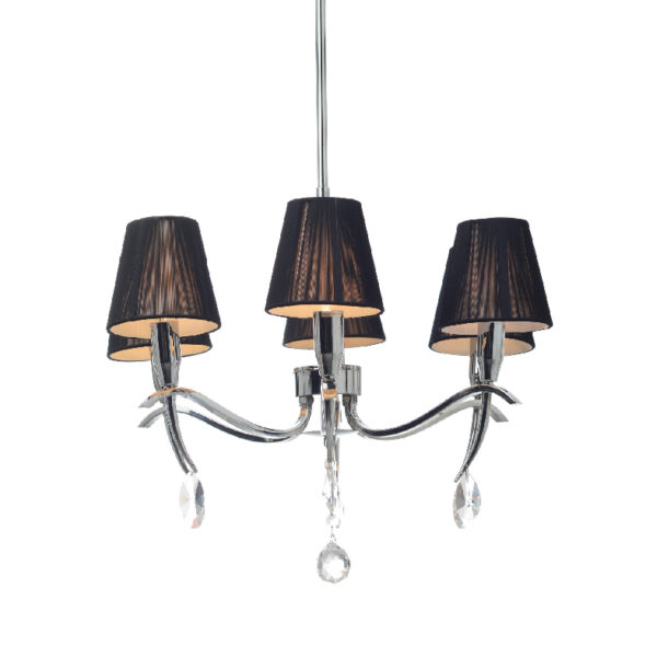 Κρεμαστό Φωτιστικό 6ΧE14 Μεταλλικό Χρώμιο Μαύρα Καπέλα & Κρύσταλλα ACA DECOR – WA1196