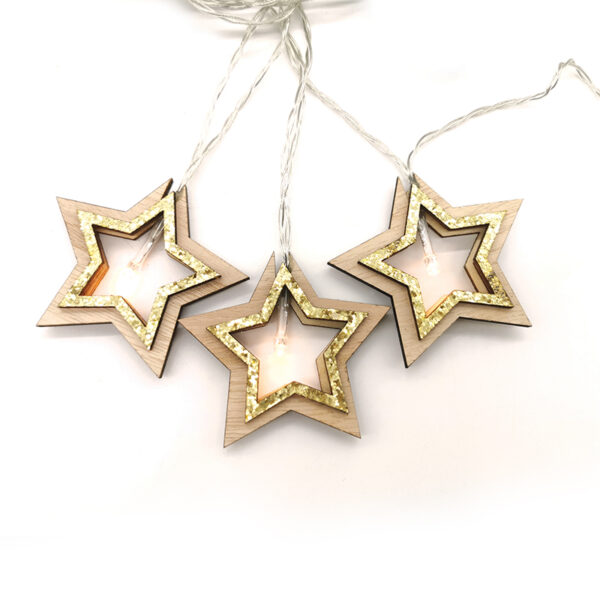 WOODEN GOLD GLITTER STARS, 10 LED ΛΑΜΠ. ΣΕΙΡΑ ΜΠΑΤ. (3xAA), WW, IP20, 135+30cm, ΔΙΑΦ. ΚΑΛ. ΤΡΟΦ. ACA – X061011206B