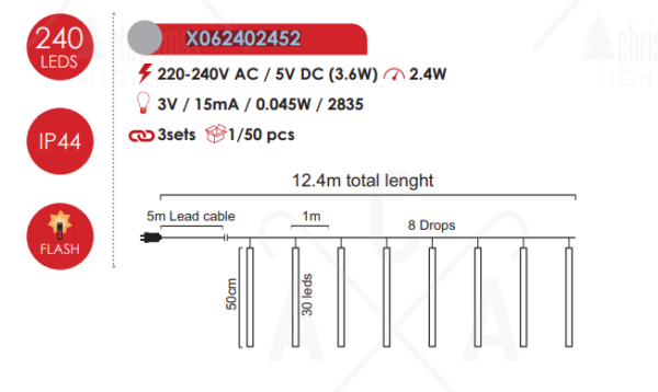 “SNOWDROP” 240 CW LED ΛΑΜΠ., 30LX8DROPS ΜΗΚ.50CM, ΑΝΤΑΠΤ(5V), ΕΠΕΚΤ(ΜΑΧ 2)IP44, 7.4m+5m ΔΙΑΦ. ΚΑΛ ACA – X062402452