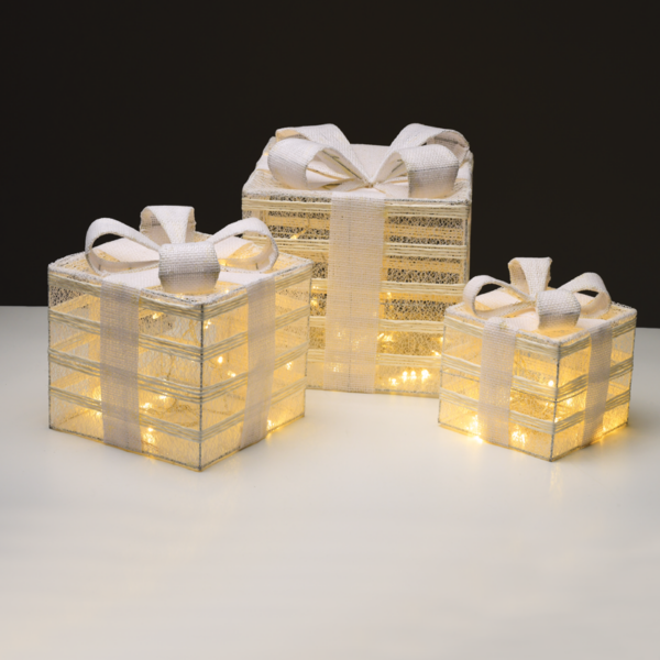 SET “WHITE GIFT BOX, BURLAP BOW” 75(15+25+35) WW LED  ΜΠΑΤ. 3*3ΑΑ IP20 17,23,28.5CM ACA – X11751115