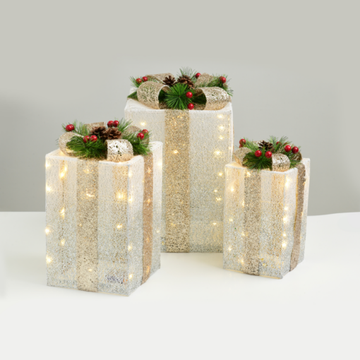 SET “WHITE&SILVER GIFT BOX,CHAMPAGN GOLD BOW” 90(20+30+40) WW MINILED ΜΠΑΤ.3*3ΑΑ IP20 30,36,41CM ACA – X11901116