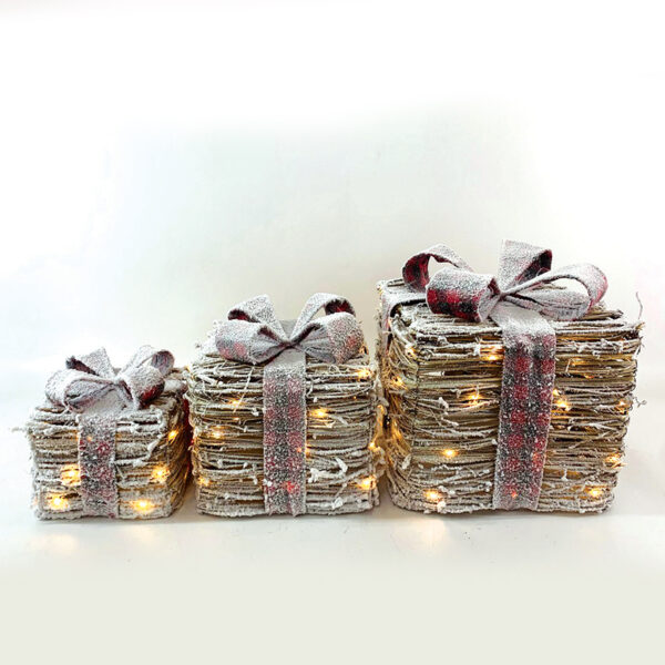 SET RATTAN GIT BOX, RED&BLACK BOW  90(20+30+40) WW MINI LED ΛΑΜΠ. ΜΠΑΤ. 3*3ΑΑ IP20 18,24,30CM ACA – X1190112