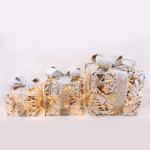 SET RATTAN GIFT BOX, NATURAL BURLAP BOW 90(20+30+40) WW MINI LED  ΜΠΑΤ. 3*3ΑΑ IP20 18,24,30CM ACA – X1190113