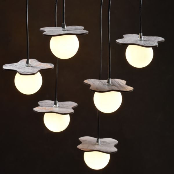 ACA DECOR   – Κρεμαστό Φωτιστικό 5ΧG9  Απόχρωση Παλ Ξύλο Mdf + Λευκό Γυαλί 63Χ15ΧΗ60cm