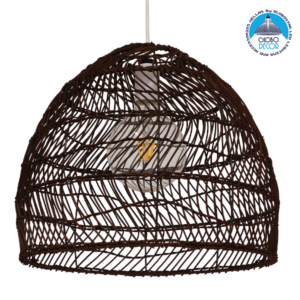 GloboStar® MALIBU 00970 Vintage Κρεμαστό Φωτιστικό Οροφής Μονόφωτο 1 x E27 Καφέ Ξύλινο Bamboo Φ40 x Y35cm