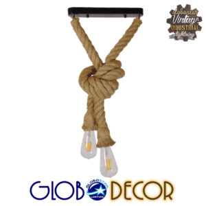 GloboStar® ROPE 01279 Vintage Industrial Κρεμαστό Φωτιστικό Οροφής Δίφωτο 2 x E27 με 1 μέτρο Μπεζ Σχοινί Φ3.5 x Y100cm
