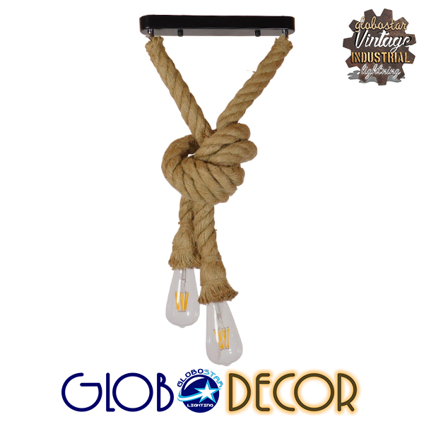 GloboStar® ROPE 01279 Vintage Industrial Κρεμαστό Φωτιστικό Οροφής Δίφωτο 2 x E27 με 1 μέτρο Μπεζ Σχοινί Φ3.5 x Y100cm