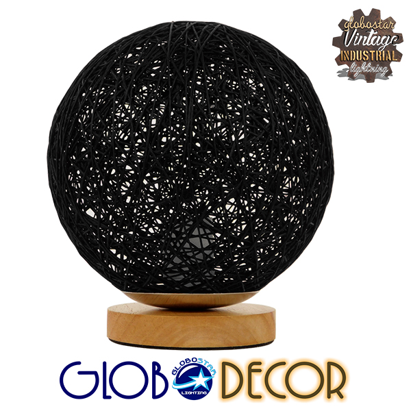 GloboStar® OCEANA 01338 Μοντέρνο Επιτραπέζιο Φωτιστικό Πορτατίφ Μονόφωτο Μαύρο Ξύλινο Ψάθινο Rattan Φ20 x Υ22cm