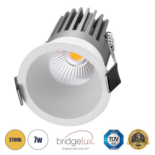 GloboStar® MICRO-B 60243 Χωνευτό LED Spot Downlight TrimLess Φ6cm 7W 875lm 38° AC 220-240V IP20 Φ6 x Υ7.8cm – Στρόγγυλο – Λευκό – Θερμό Λευκό 2700K – Bridgelux COB – 5 Years Warranty