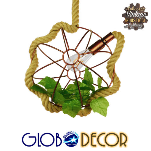 GloboStar® BRADLEY 01660 Vintage Industrial Κρεμαστό Φωτιστικό Οροφής Μονόφωτο 1 x E27 Πλέγμα Καφέ Σκουριά με Μπεζ Σχοινί Φ33 x Υ33cm