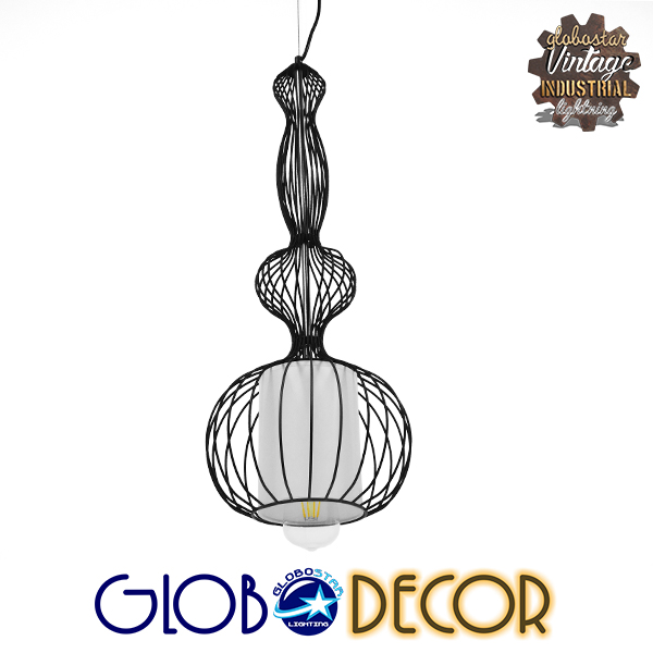 GloboStar® NELLY 01560 Vintage Industrial Κρεμαστό Φωτιστικό Οροφής Μονόφωτο Μαύρο Μεταλλικό Πλέγμα και Υφασμάτινο Εσωτερικό Καπέλο Φ25 x Υ67cm