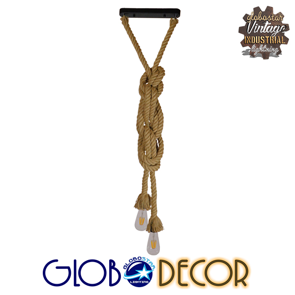 GloboStar® ROPE 01019 Vintage Industrial Κρεμαστό Φωτιστικό Οροφής Δίφωτο 2 x E27 με 2 μέτρα Μπεζ Σχοινί Φ3.5 x Y200cm