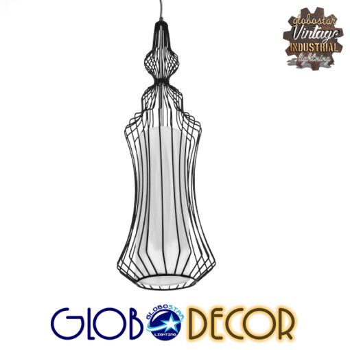 GloboStar® VICKY 01559 Vintage Industrial Κρεμαστό Φωτιστικό Οροφής Μονόφωτο Μαύρο Μεταλλικό Πλέγμα και Υφασμάτινο Εσωτερικό Καπέλο Φ18 x Υ65cm
