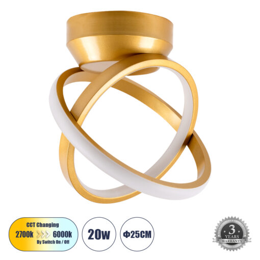 GloboStar® AMELIA 61054 Φωτιστικό Οροφής Design LED CCT 20W 2400lm 300° AC 220-240V – Εναλλαγή Φωτισμού μέσω Διακόπτη On/Off All In One Ψυχρό 6000k+Φυσικό 4500k+Θερμό 2700k Μ24.5 x Π16 x Υ25cm – Χρυσό Βούρτσας