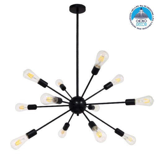 GloboStar® MILANO 01486 Μοντέρνο Industrial Φωτιστικό Οροφής Πολύφωτο 12 x E27 Μαύρο Μεταλλικό Φ80 x Y78cm