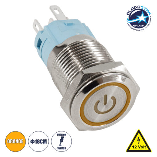 GloboStar® 70789 LED Φωτιζόμενος Διακόπτης Χωνευτός – Μπουτόν PUSH On Ανοξείδωτος DC 12V με Angel Eye Αδιάβροχο Φ18mm IP67 Πορτοκαλί
