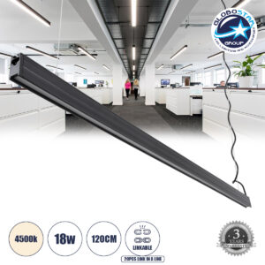 GloboStar® OFFICE 61024-P Γραμμικό Κρεμαστό Φωτιστικό Linear LED 18W 2200lm 120° AC 220-240V Μ120 x Π2 x Υ4cm Φυσικό Λευκό 4500K – Μαύρο – 3 Years Warranty