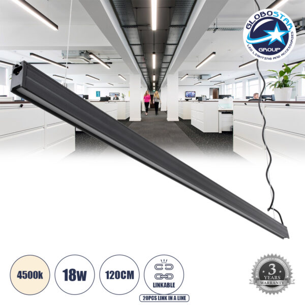 GloboStar® OFFICE 61024-P Γραμμικό Κρεμαστό Φωτιστικό Linear LED 18W 2200lm 120° AC 220-240V Μ120 x Π2 x Υ4cm Φυσικό Λευκό 4500K – Μαύρο – 3 Years Warranty