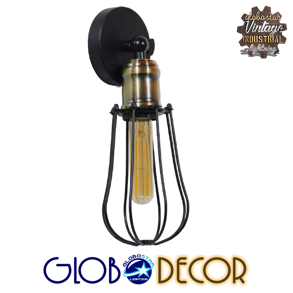 GloboStar® AVOCANDO 01056 Vintage Industrial Φωτιστικό Τοίχου Απλίκα Μονόφωτο Μαύρο Μεταλλικό Πλέγμα Φ12 x Μ15 x Π12 x Υ32cm