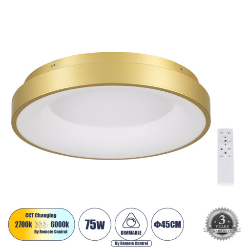 GloboStar® SALEM 61235 Πλαφονιέρα Οροφής Δαχτυλίδι-Κύκλος LED CCT 75W 8625lm 120° AC 220-240V – Εναλλαγή Φωτισμού μέσω Τηλεχειριστηρίου All In One Ψυχρό 6000k+Φυσικό 4500k+Θερμό 2700k Dimmable Φ45cm – Χρυσό Σαμπανιζέ – 3 Years Warranty