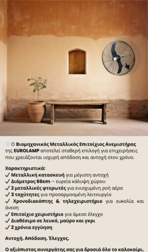 ΑΝΕΜΙΣΤΗΡΑΣ ΒΙΟΜΗΧΑΝΙΚΟΣ ΜΕΤΑΛΛΙΚΟΣ ΤΟΙΧΟΥ ΜΑΥΡΟΣ ΜΕ ΚΟΝΤΡΟΛ Φ71 180W EUROLAMP 147-29042