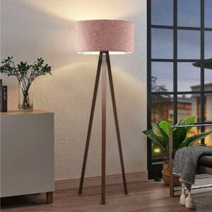 GloboStar® SAGA 204-0049 Μοντέρνο Eπιδαπέδιο Φωτιστικό Μονόφωτο 1 x E27 IP20 Καρυδί Ξύλο με Ροζ Χρυσό Ύφασμα – Μ38 x Π38 x Υ140cm