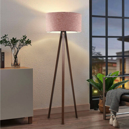 GloboStar® SAGA 204-0049 Μοντέρνο Eπιδαπέδιο Φωτιστικό Μονόφωτο 1 x E27 IP20 Καρυδί Ξύλο με Ροζ Χρυσό Ύφασμα – Μ38 x Π38 x Υ140cm