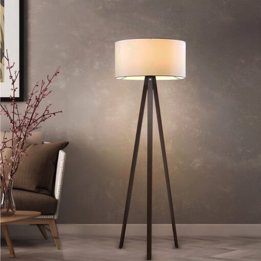 GloboStar® SAGA 204-0031 Μοντέρνο Eπιδαπέδιο Φωτιστικό Μονόφωτο 1 x E27 IP20 Καρυδί Ξύλο με Μπεζ Ύφασμα – Μ38 x Π38 x Υ140cm