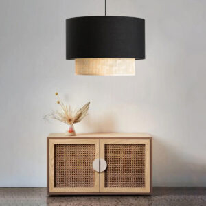 GloboStar® BIGGIE 204-0098 Μοντέρνο Κρεμαστό Φωτιστικό Kαπέλο Μονόφωτο 1 x E27 IP20 Μαύρο Ύφασμα με Μπεζ Rattan – Μ30 x Π30 x Υ70cm