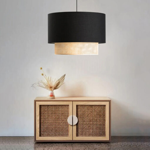 GloboStar® BIGGIE 204-0098 Μοντέρνο Κρεμαστό Φωτιστικό Kαπέλο Μονόφωτο 1 x E27 IP20 Μαύρο Ύφασμα με Μπεζ Rattan – Μ30 x Π30 x Υ70cm