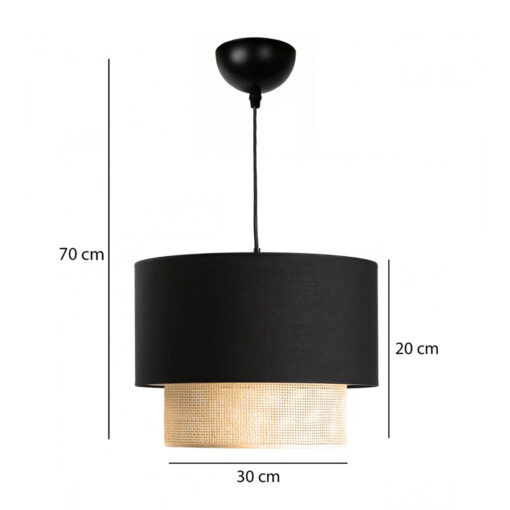 GloboStar® BIGGIE 204-0098 Μοντέρνο Κρεμαστό Φωτιστικό Kαπέλο Μονόφωτο 1 x E27 IP20 Μαύρο Ύφασμα με Μπεζ Rattan – Μ30 x Π30 x Υ70cm