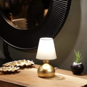 GloboStar® SWEET 204-0061 Μοντέρνο Eπιτραπέζιο Φωτιστικό Μονόφωτο 1 x E27 IP20 Χρυσό Μέταλλο με Μπεζ Ύφασμα – Μ13 x Π13 x Υ25cm