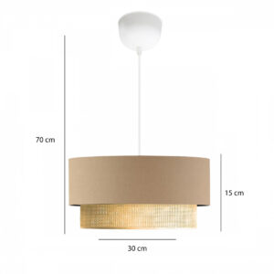 GloboStar® BIGGIE 204-0096 Μοντέρνο Κρεμαστό Φωτιστικό Kαπέλο Μονόφωτο 1 x E27 IP20 Μπεζ  Ύφασμα με Μπεζ Rattan – Μ30 x Π30 x Υ70cm
