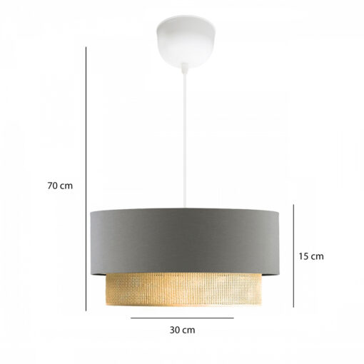 GloboStar® BIGGIE 204-0095 Μοντέρνο Κρεμαστό Φωτιστικό Kαπέλο Μονόφωτο 1 x E27 IP20 Γκρι Ύφασμα με Μπεζ Rattan – Μ30 x Π30 x Υ70cm