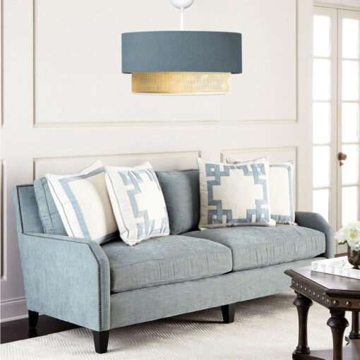 GloboStar® BIGGIE 204-0094 Μοντέρνο Κρεμαστό Φωτιστικό Kαπέλο Μονόφωτο 1 x E27 IP20 Μπλε Ύφασμα με Μπεζ Rattan – Μ30 x Π30 x Υ70cm