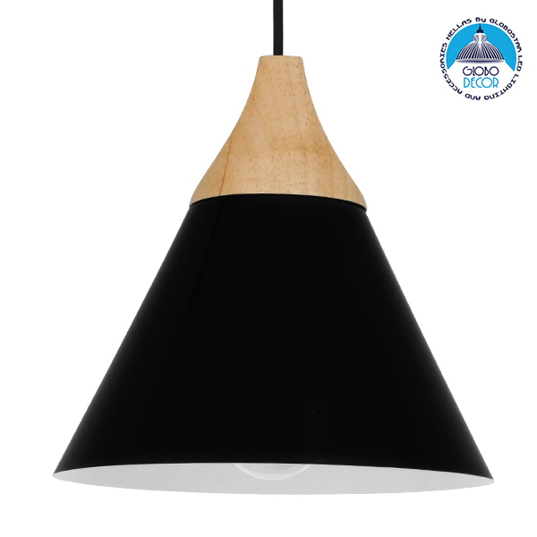 GloboStar® SHADE 00906 Μοντέρνο Κρεμαστό Φωτιστικό Οροφής Μονόφωτο 1 x E27 Μαύρο Μεταλλικό με Ξύλο Καμπάνα Φ23 x Υ22cm