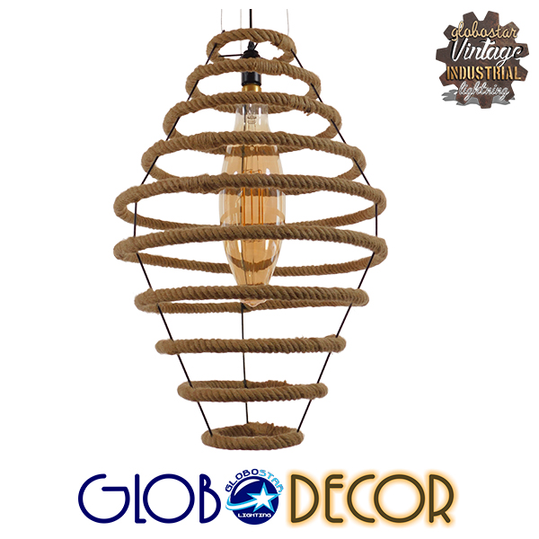 GloboStar® MELISSA 01158 Vintage Κρεμαστό Φωτιστικό Οροφής Μονόφωτο 1 x E27 Μαύρο Μεταλλικό με Μπεζ Σχοινί Φ47 x Y70.5cm