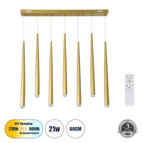 GloboStar® TEARS 61312 Κρεμαστό Φωτιστικό Οροφής Design LED CCT 21W 2310lm 180° AC 220-240V – Εναλλαγή Φωτισμού μέσω Τηλεχειριστηρίου All In One Ψυχρό 6000k+Φυσικό 4500k+Θερμό 2700k Dimmable Μ70 x Π3.2 x Υ60cm – Χρυσό Βούρτσας – 3 Years Warranty