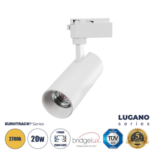 GloboStar® LUGANO 60808 Μονοφασικό Φωτιστικό Σποτ Ράγας LED 20W 2400lm 36° Acrylic HQ LENS AC 220-240V IP20 Φ6.5 x Υ22cm Θερμό Λευκό 2700K – EUROTRACK® System 1L+1N – Λευκό – Bridgelux Chip – TÜV Certified Driver – 5 Χρόνια Εγγύηση