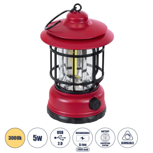 GloboStar® 85694 Αυτόνομο Επαναφορτιζόμενο Φανάρι Camping LED 5W USB 2.0 με Επαναφορτιζόμενη Μπαταρία 1 x 18650 2000mAh Li-ion – IP20 – Dimmable – Κόκκινο με Διάφανο Γυαλί – Θερμό Λευκό 3000K Φ12 x Υ17cm