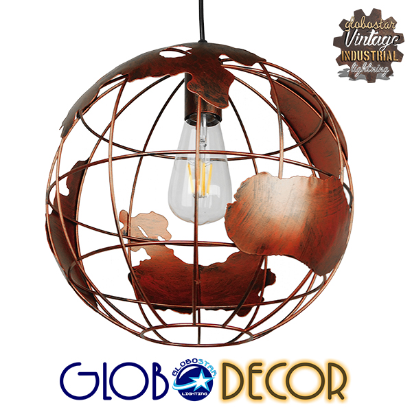GloboStar® EARTH 01662 Vintage Industrial Κρεμαστό Φωτιστικό Οροφής Μονόφωτο 1 x E27 Καφέ Σκουριά Μεταλλικό Πλέγμα Φ30 x Υ30cm