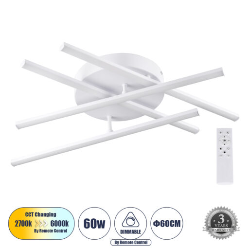 GloboStar® DRACO 61096 Φωτιστικό Οροφής Γραμμικό Linear Design LED CCT 60W 7380lm 120° AC 220-240V – Εναλλαγή Φωτισμού μέσω Τηλεχειριστηρίου All In One Ψυχρό 6000k+Φυσικό 4500k+Θερμό 2700k Dimmable Φ60 x Υ11cm – Λευκό – 3 Years Warranty