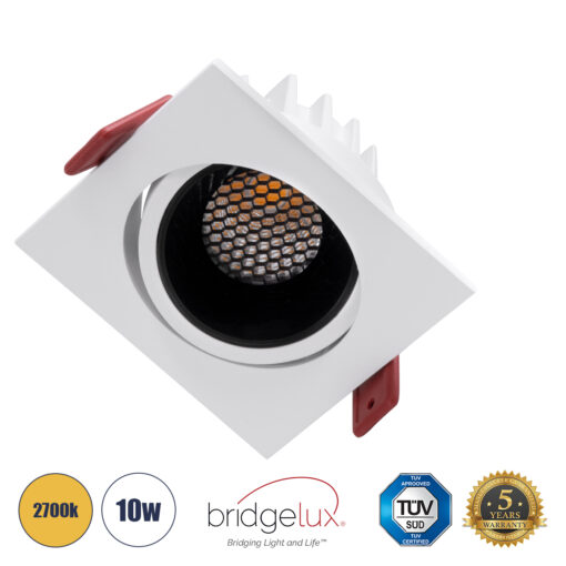 GloboStar® LEO-SQ 60289 Χωνευτό LED Spot Downlight TrimLess Μ8.5xΠ8.5cm 10W 1250lm 38° AC 220-240V IP20 Μ8.5 x Π8.5 x Υ6.6cm – Τετράγωνο – Κινούμενο – Λευκό με Μαύρο Κάτοπτρο & Anti-Glare HoneyComb – Θερμό Λευκό 2700K – Bridgelux COB – 5 Years Warranty